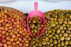 Bowls of cured olives for sale at the Medina souk Marrakech-Morocco Art Print